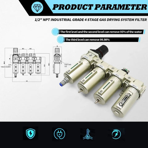 Industrial Four Stage Gas Drying System With Coalescing Filter And Desiccant Dryer Auto Drain For Paint Spray And Plasma Cutter Pro Grade Half Inch NPT Compressed Air Dryer Unit