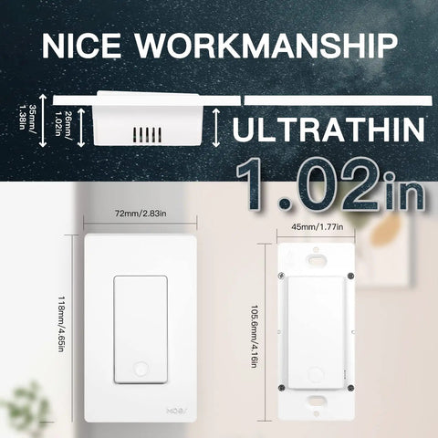 No Neutral Required Smart Switch No Hub Needed 2 4GHz Wi Fi Single Live Wire Capacitor Free Tuya Smart Life App Control Works With Alexa 5W Min Load White Ultra Safe dimensions