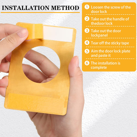 Hand holding Two Pack Stainless Steel Door Lock Reinforcement Plates with Adhesive Tape Gold Finish, installation instructions visible