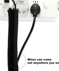 Split Cable Sleeve Set For USB Chargers And Audio Video Cables, Black Wire Loom Tubing, showing split feature at power strip