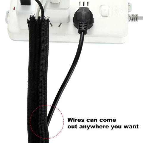 Split Cable Sleeve Set For USB Chargers And Audio Video Cables, Black Wire Loom Tubing, showing split feature at power strip