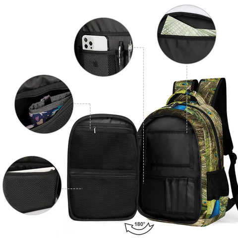 Go To Everyday Carry Unisex Peacock Print Backpack With Full Tail Spread Design showing interior compartments and pocket details.