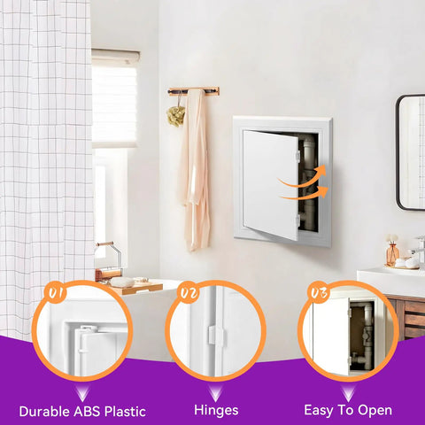 Sleek 12X12 Abs Access Panel For Drywall And Ceiling Plumbing Repair Cover, Easy open design in a bathroom setting.