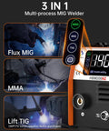 Close-up of 3 In 1 MIG Welder 110V Flux Core TIG Lift Stick Gasless Wire Welding Kit with LED Display and MIG/TIG settings shown