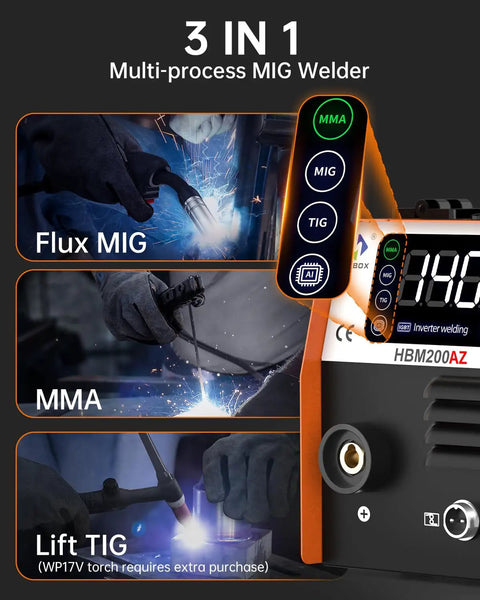 Close-up of 3 In 1 MIG Welder 110V Flux Core TIG Lift Stick Gasless Wire Welding Kit with LED Display and MIG/TIG settings shown