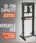 Heavy Duty Twenty Ton Hydraulic Shop Press With Adjustable Platform And Extended Lever For Easy Pumping, showcasing adjustable lower platform.