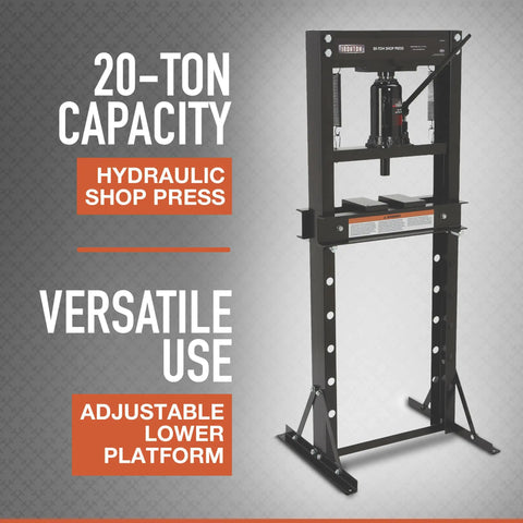 Heavy Duty Twenty Ton Hydraulic Shop Press With Adjustable Platform And Extended Lever For Easy Pumping, showcasing adjustable lower platform.