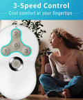 Woman sitting indoors with Plug And Play Ceiling Fan Remote Kit With Light Dimmer And 3 Speeds Universal Compatibility in focus