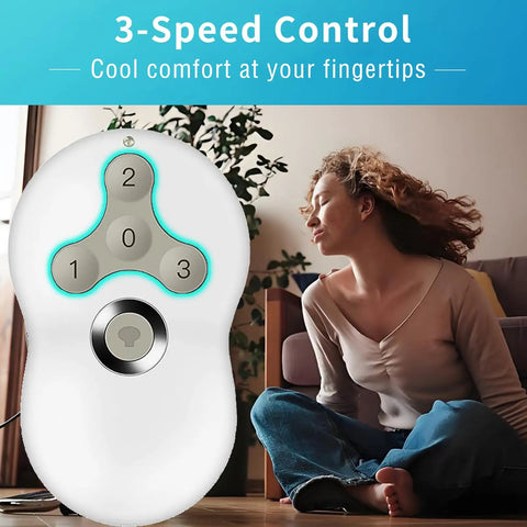 Woman sitting indoors with Plug And Play Ceiling Fan Remote Kit With Light Dimmer And 3 Speeds Universal Compatibility in focus