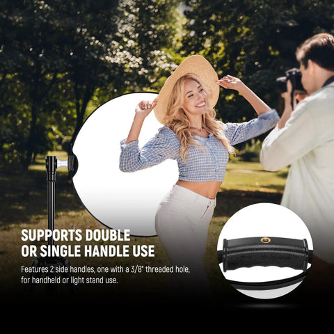 Woman posing outdoors with Go To 32 Inch 80cm Five In One Light Reflector Kit With Clamp And Hand Grips