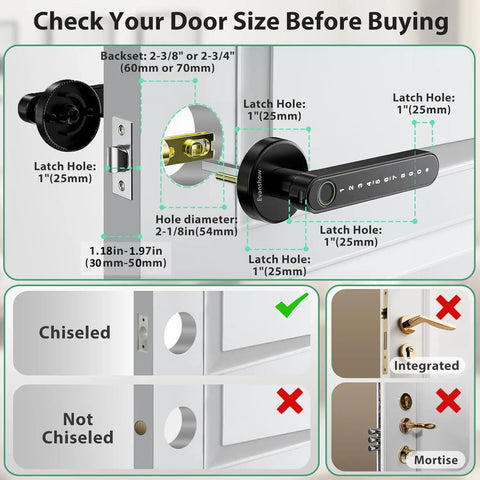 Smart Door Lock With Knob Keyless Entry Entry Handle Home Security Fingerprint Door Knob For Bedroom Front Door Or Apartment Generate Passcodes Remotely Black installation guide showing correct and incorrect door types.