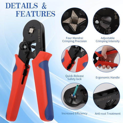 Close-up of All-In-One Wire Ferrule Crimping Kit With 1800 Ferrules, self-adjusting tool showing features and ergonomic handle.