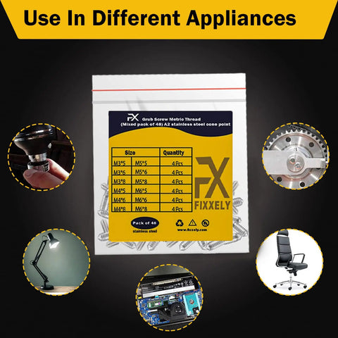Cone Point Set Screws Kit, 48 Pcs M3 To M6 Hex Head Grub Screws In 304 Stainless Steel packaging with appliance uses.