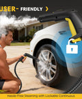 User-friendly feature of the 2-in-1 Heavy Duty Steam Mop 1500W Power, 1.4L Tank with steam cleaning car tire.