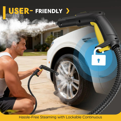 User-friendly feature of the 2-in-1 Heavy Duty Steam Mop 1500W Power, 1.4L Tank with steam cleaning car tire.