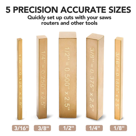Solid Brass Setup Blocks Height Gauge Set Of Five With Laser Marked Readouts for precise height measurements, sizes 1/8 to 1/2 inch.