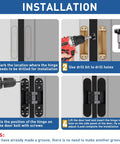 TamBee hidden door hinge installation guide: four-panel steps with drill, screws, and a black concealed hinge