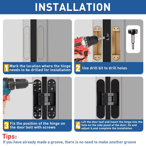 TamBee hidden door hinge installation guide: four-panel steps with drill, screws, and a black concealed hinge