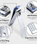 Close-up of 18 Piece Pro Grade Nail Care Set with ergonomic stainless steel clippers, rotation feature, and key ring in focus