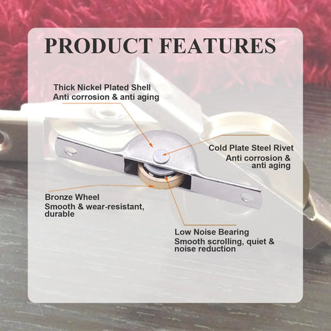 Set Of 5 Copper Electroplating Sliding Wheels 26mm Diameter Door And Window Pulleys With Stainless Steel Shells 65x13.5mm Overall Size Perfect For Wardrobe Cabinets And Furniture Durable High End Hardware showing product features such as nickel plated shell and bronze wheel.