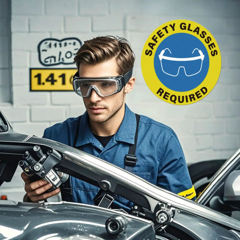Worker wearing safety glasses under "Safety Glasses Required" sign in a workshop setting.