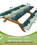 Picnic Table Cover Set With Bench Covers, Windproof And Waterproof 72 Inch Tablecloths For Outdoor Dining, Three Piece Set Includes One 72X30 And Two 72X12, Self Storage Bag, Green Blue Camping Tablecloths shown on a wooden table and benches.