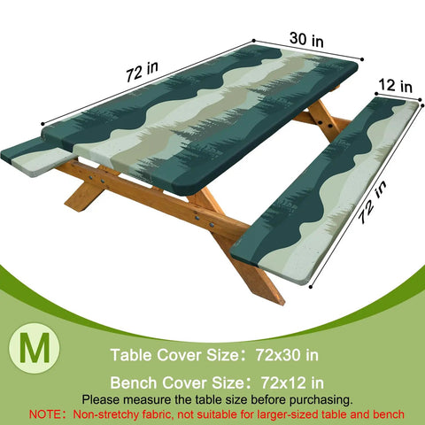 Picnic Table Cover Set With Bench Covers, Windproof And Waterproof 72 Inch Tablecloths For Outdoor Dining, Three Piece Set Includes One 72X30 And Two 72X12, Self Storage Bag, Green Blue Camping Tablecloths shown on a wooden table and benches.