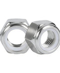 Close-up of two Nylock Nuts Set With Nylon Insert For Size 10 24 SAE Inch Threads 304 Stainless Steel 60 Pieces Beefy Heavy Duty Corrosion Resistant.
