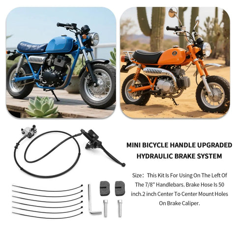 12 Piece Seven Eighths Inch Mini Bicycle Hydraulic Brake System With Fifty Inch Hose Direct Fit Replacement For DB30 Baja Doodlebug Mini Bikes Go Karts Left Side, product displayed with motorcycles and brake components.