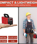 Compact Stick Welder Kit For Beginners 110V 250A arc MMA portable welding machine shown held in hand and by a construction worker.