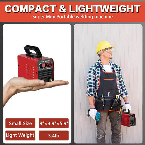 Compact Stick Welder Kit For Beginners 110V 250A arc MMA portable welding machine shown held in hand and by a construction worker.