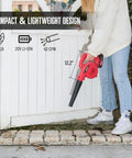Person using Compact 20V Cordless Mini Blower Kit With 150 MPH Air 62 CFM Handy For Garage Workshop And Patio Cleanup