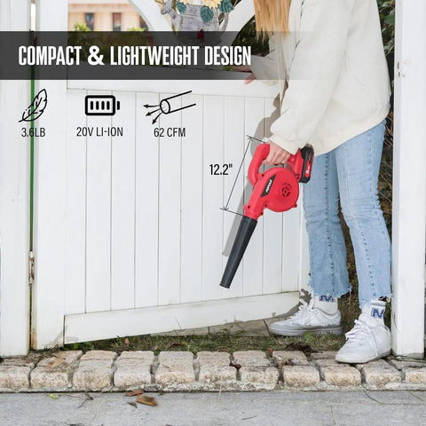 Person using Compact 20V Cordless Mini Blower Kit With 150 MPH Air 62 CFM Handy For Garage Workshop And Patio Cleanup