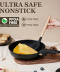 Cooking omelette in RV-friendly nonstick pan with detachable handle, focus on Nonstick Pots And Pans Set For RV Living 20 Pack.