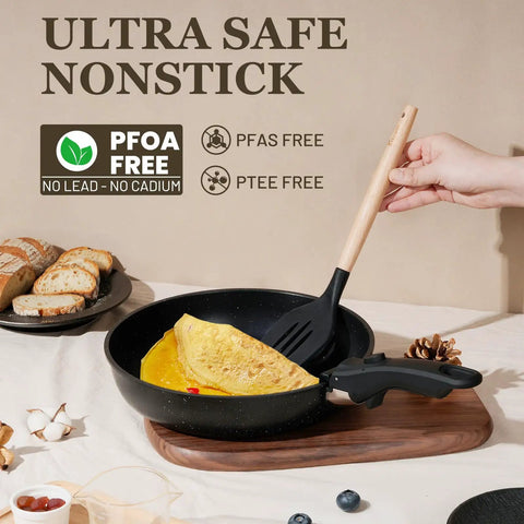 Cooking omelette in RV-friendly nonstick pan with detachable handle, focus on Nonstick Pots And Pans Set For RV Living 20 Pack.