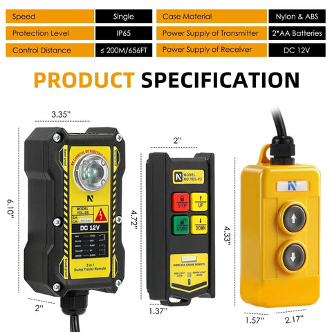 2 In 1 Crane Remote With 656 Ft Wireless Range For Industrial Crane Control shown with dimensions and specifications.