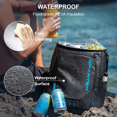 Backpack Cooler Insulated Leakproof Fits 33 Cans With Dual Insulated Compartments shown in beach setting, easy clean, waterproof