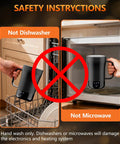 Safety instructions for No Cap Self Heating Coffee Mug 14 Oz avoiding dishwasher and microwave use.