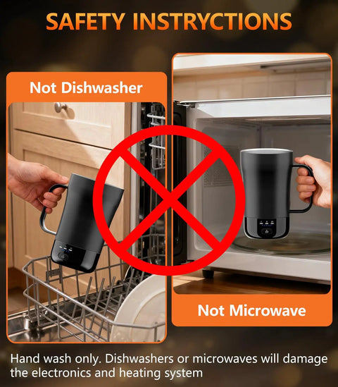 Safety instructions for No Cap Self Heating Coffee Mug 14 Oz avoiding dishwasher and microwave use.