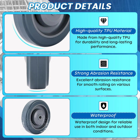 Close-up details of heavy duty 5 inch shopping cart wheels replacement 8 pack with durable polyurethane and steel hardware.
