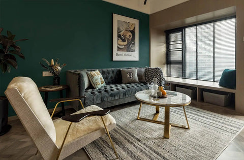 Living room with Emerald Dark Skin Peel And Stick Wallpaper Self Adhesive Wall Covering for Renters and modern furniture