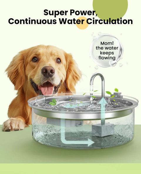 Golden retriever beside PWF002B Compatible Replacement Pump For Dog Water Fountain With Light showing water circulation and stainless steel design.