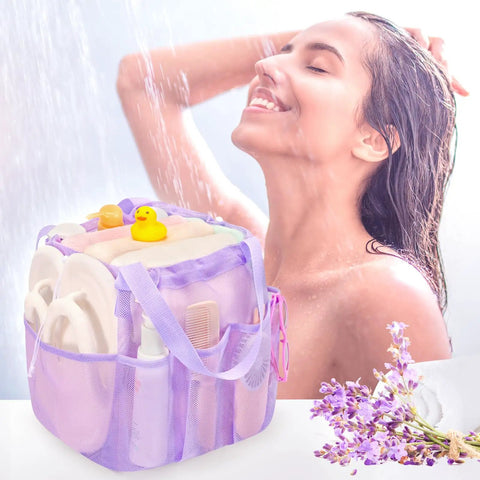 Mesh Shower Caddy With Drawstring Closure Portable Organizer For Dorm Rooms Gym Travel Camping Swimming And Bathroom Essentials 11x9.9x9.9 Inches 8 Pockets shown in use near a shower