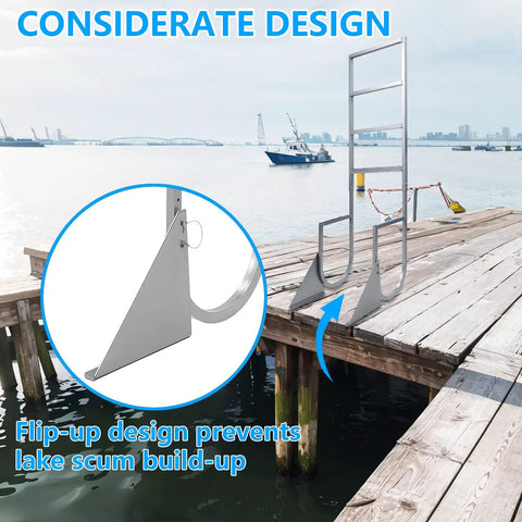 Flip Up Dock Ladder With Wide Non Slip Steps And Marine Grade Aluminum, 3 step design prevents lake scum on dock.