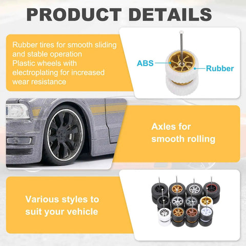 Four Pack One Sixty Fourth Scale Wheels And Tires Set With Real Riders Rims In White With Gold Seven Spoke Design Includes Axles