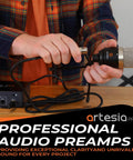 Person connecting mic to A22XT USB Audio Interface With 24Bit 96kHz Recording And 48V Phantom Power XLR Input For Mic And Instrument