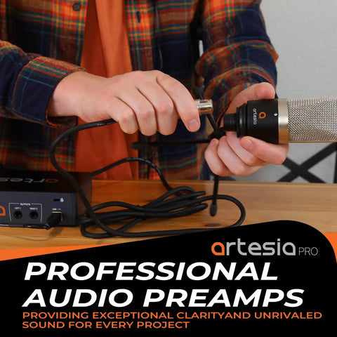 Person connecting mic to A22XT USB Audio Interface With 24Bit 96kHz Recording And 48V Phantom Power XLR Input For Mic And Instrument