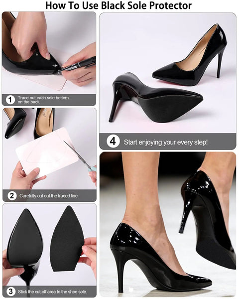 Steps showing how to apply Non Slip Shoe Grip Pads For Bottom Of Shoes Heavy Duty Rubber Sole Protectors For Boots Sneakers.