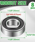 Eight Pack 3/4 Inch Ball Bearings Carbon Steel ID 3/4 By OD 1-3/8 For Lawn Mowers, Wheelbarrows, Carts, And Hand Trucks Replacement Bearings - Heavy-Duty, Quiet Operation, Built Tough, Long-Lasting, 8 pcs size diagram