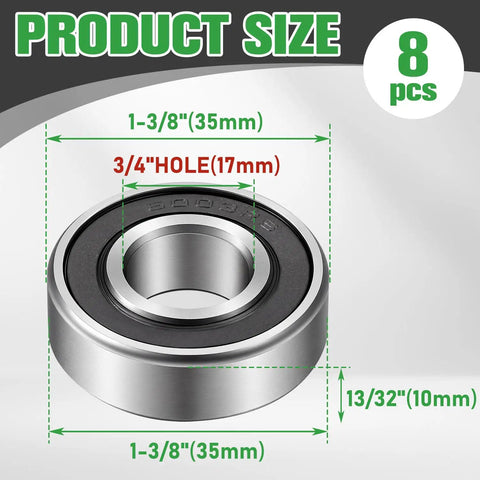 Eight Pack 3/4 Inch Ball Bearings Carbon Steel ID 3/4 By OD 1-3/8 For Lawn Mowers, Wheelbarrows, Carts, And Hand Trucks Replacement Bearings - Heavy-Duty, Quiet Operation, Built Tough, Long-Lasting, 8 pcs size diagram